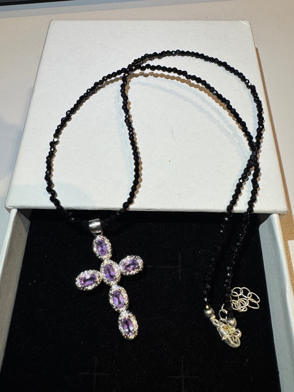 Amethyst 925 Sterling silver pendant plated Elegant Black Beaded Necklace